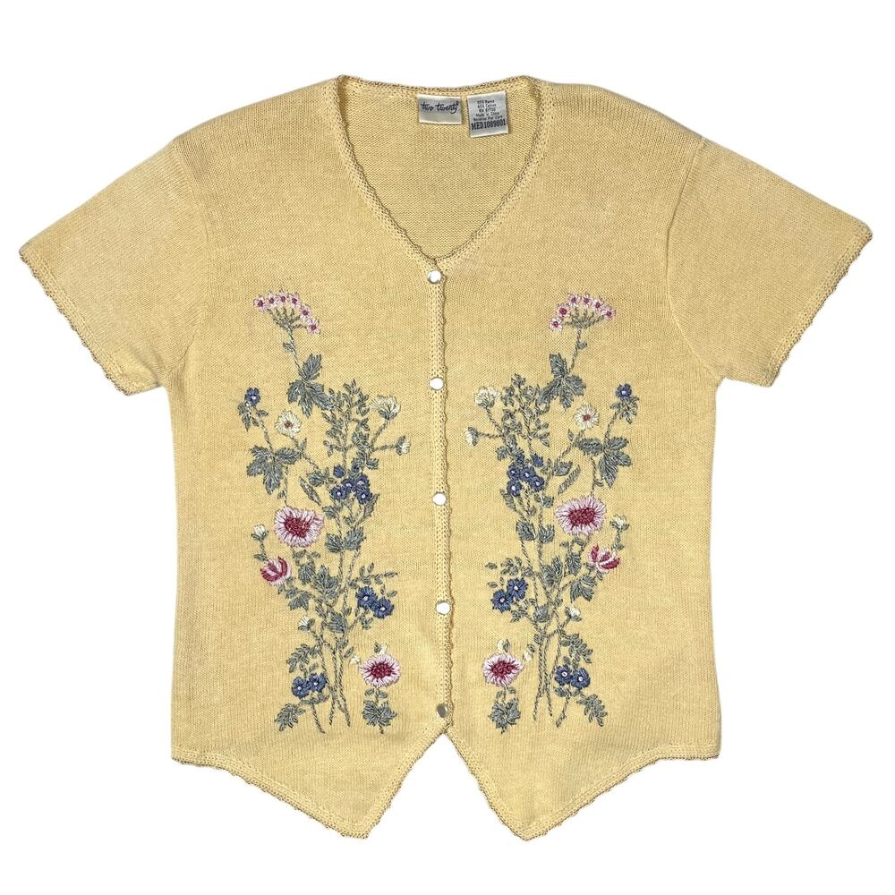 Vintage Floral Embroidered Button Down Knit Top Yellow Granny Cottagecore Dainty - Picture 2 of 11